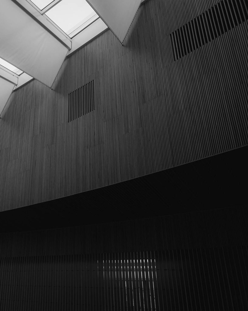 Interior rehabilitado con diseño contemporáneo en Gipuzkoa, con paredes revestidas de listones verticales y entrada de luz cenital.